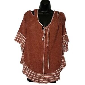 JODIFYL Poncho Top Rust Striped Trim Open Shoulder Tie Neck‎ Bohemian Style S